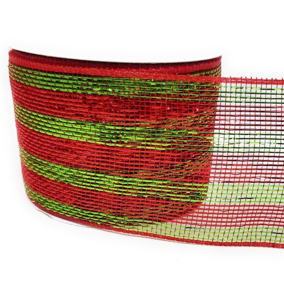 Christmas Red and Green Striped 4" Wide Metallic Deco Mesh Ribbon Garland - Picture 2 of 3